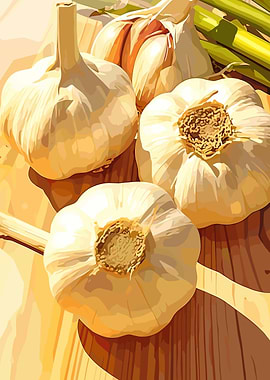 Garlic Still Life on Wooden Surface