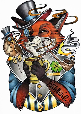 Dapper Fox and Bird Illustration