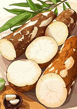Cassava Illustration with Leaves and Garlic