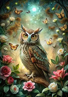 Owl in Enchanted Forest with Butterflies