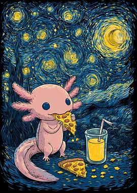 Axolotl eating pizza under starry night
