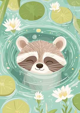 Relaxing Raccoon in Lily Pond Illustration