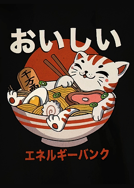 Cat in Ramen Bowl Illustration