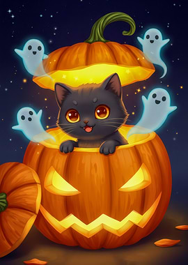 Cute Halloween Cat in Pumpkin