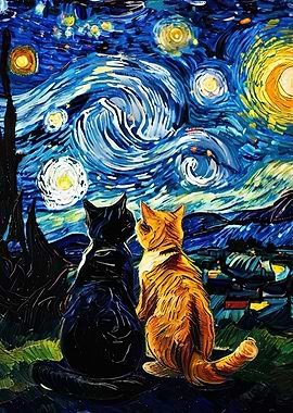 Cats under Starry Night painting