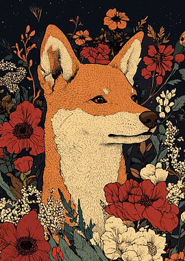 Fox Portrait with Floral Background