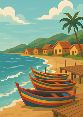 Tropical Beach with Boats and Houses