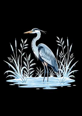 Blue Heron in Winter Marsh Illustration