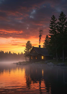 Cabin by the Lake at Sunset
