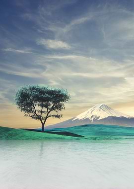 Lake Landscape with Mountain and Tree