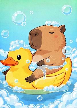 Capybara on Duck Float in Bubbles