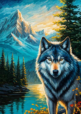 Wolf in Mountain Landscape Painting