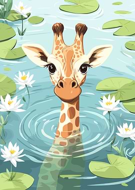 Giraffe in Water Lily Pond