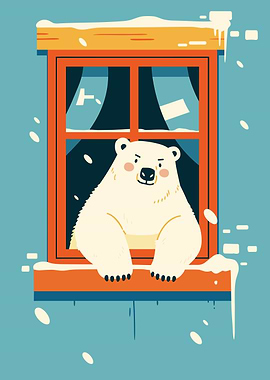 Polar Bear in Window Winter Scene