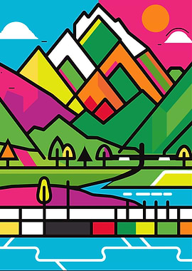 Colorful Mountain Landscape Vector Illustration