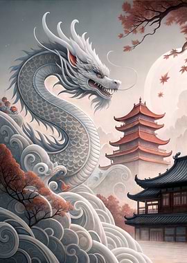 Majestic Asian Dragon with Temple
