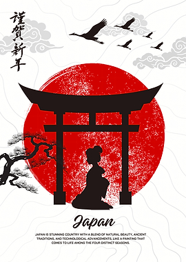 Japanese Landscape with Geisha and Torii