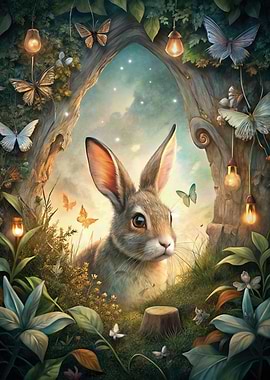 Rabbit in Enchanted Forest with Butterflies
