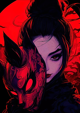 Woman with Kitsune Mask in Red