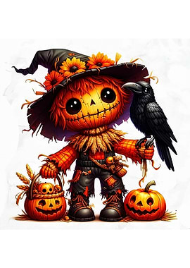 Cute Halloween Scarecrow with Crow