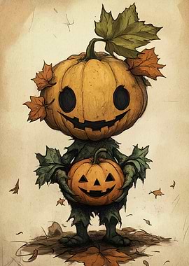 Cute Pumpkin Character Holding Pumpkin