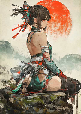 Anime Girl with Red Sun Painting