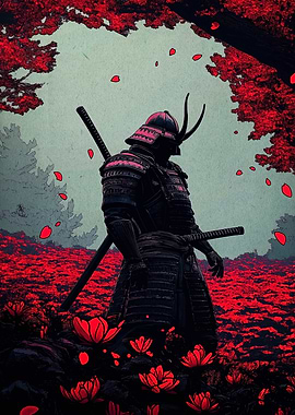 Samurai in Red Flower Field
