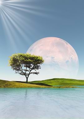 Surreal Landscape with Tree and Moon