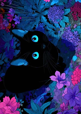 Black Cat in Floral Garden