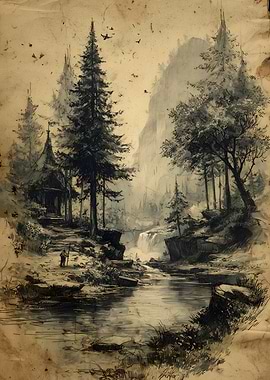 Monochrome Landscape with Waterfall and Cabin