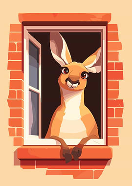 Cartoon Kangaroo in Window Illustration