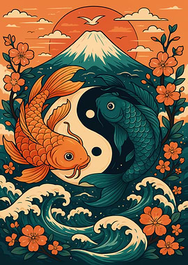 Yin Yang Koi Fish with Mount Fuji