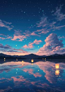 Night Sky Lanterns Over Water