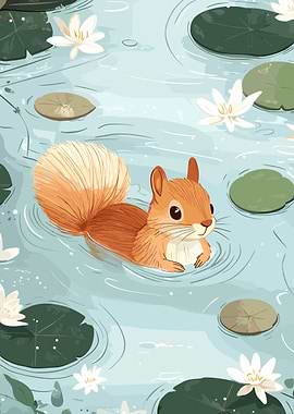 Squirrel Swimming in Lily Pond Illustration