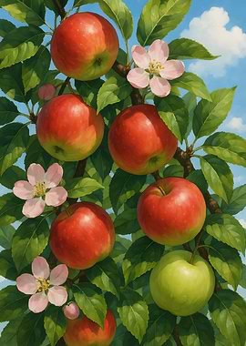 Apple Tree with Blossoms and Fruit