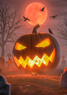 Halloween Pumpkin in Graveyard with Red Moon