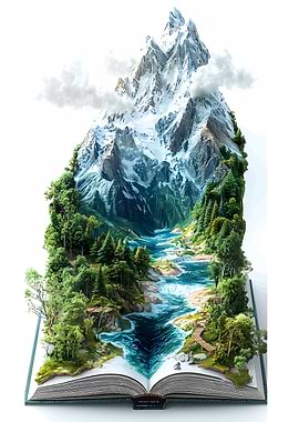 Mountain landscape emerging from open book