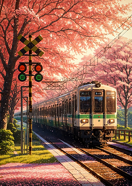 Japanese Train with Cherry Blossoms Sakura Spring