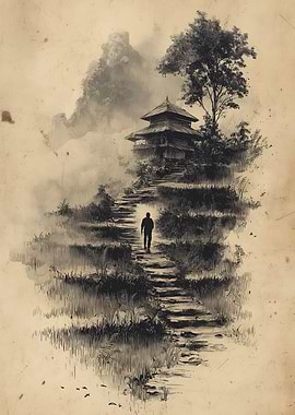 Temple Ascent Ink Drawing