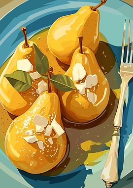 Pears with Almonds on Blue Plate