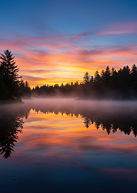 Sunset Misty Forest Lake