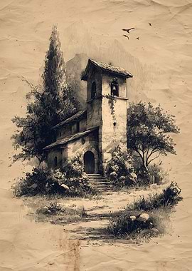Vintage Church Landscape Drawing