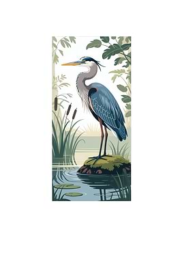 Blue Heron in a Pond Illustration