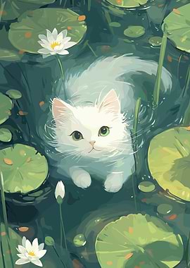 White Cat in Lily Pond Illustration