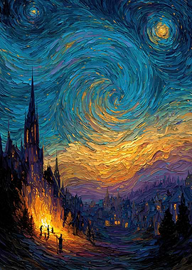 Starry Night Inspired Village Painting