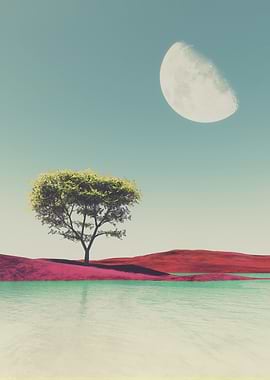 Surreal Landscape with Moon and Tree