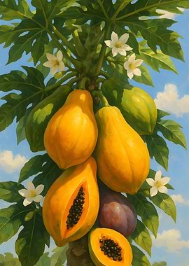 Papaya Tree with Fruit and Flowers