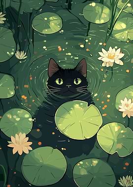 Black cat in a lily pond