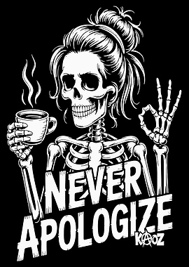 Never Apologize Skeleton with Coffee