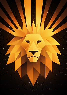 Golden lion vector portrait with radiant rays
